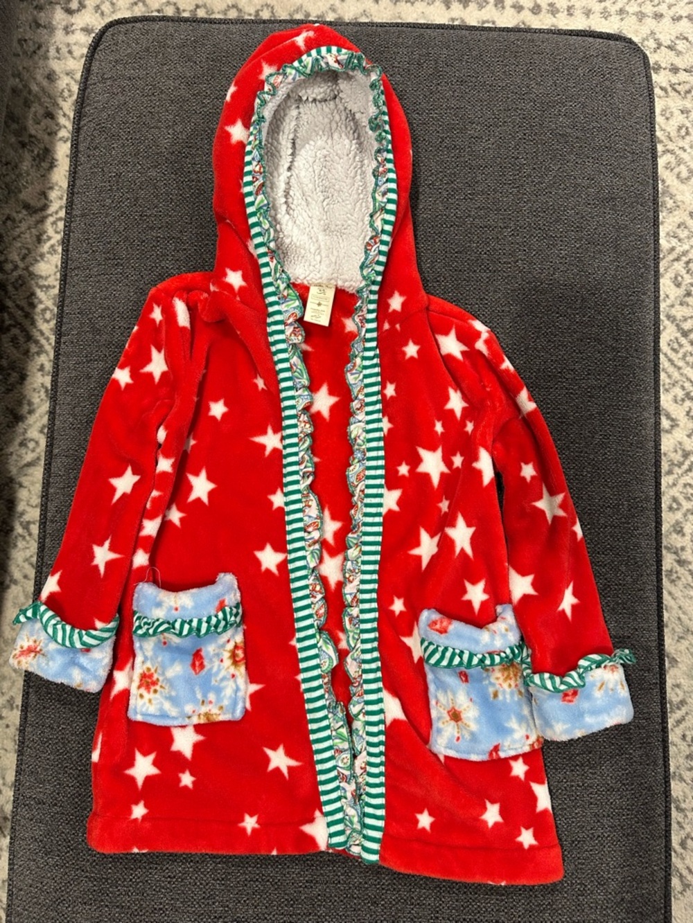 Matilda Jane Red Star Hooded Bathrobe with Blue Pocket Accents *no robe belt*